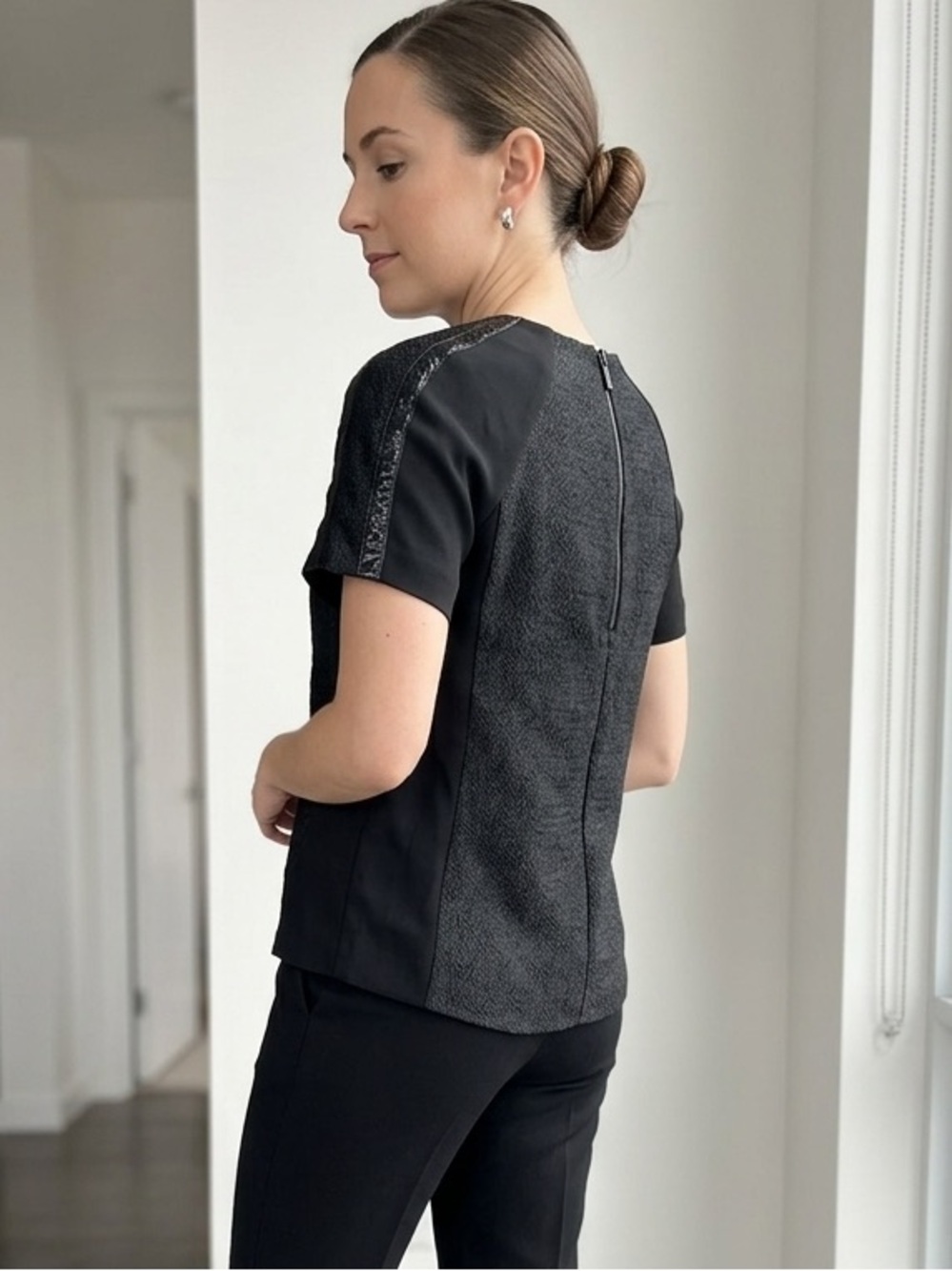 Elizabeth and James Black Textured Short Sleeve Top with Tailored Pants